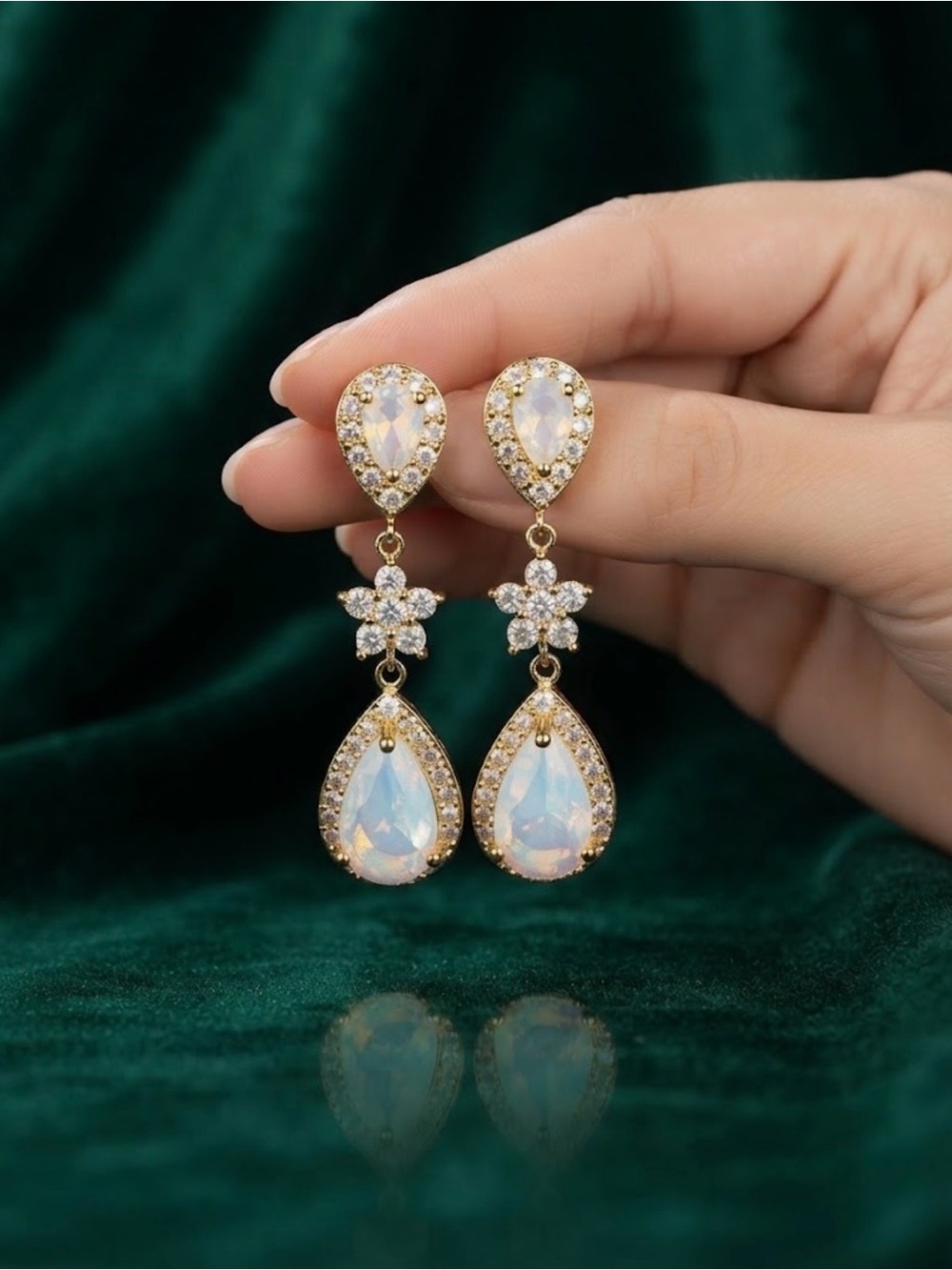 14K Gold Plated Elegant White Opal Teardrop Dangle Earrings